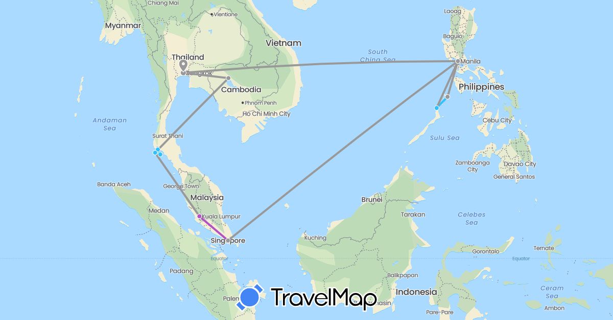 TravelMap itinerary: driving, plane, train, boat in Cambodia, Malaysia, Philippines, Singapore, Thailand (Asia)